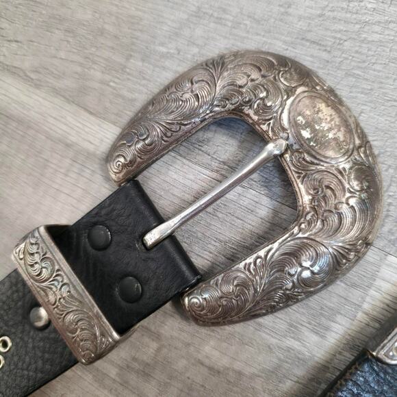 VNT Leather Western Bling Belt Cowgirl Silver Buckle Studded Large Statement main image 4